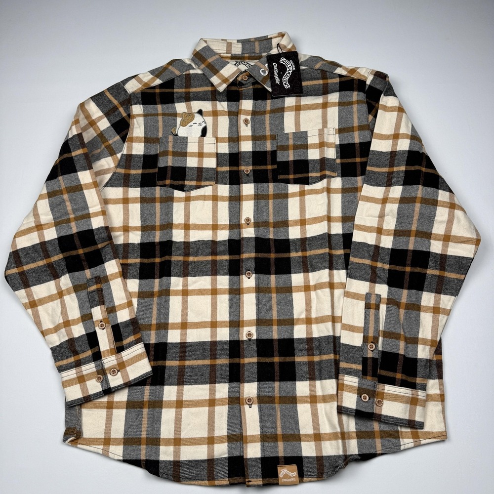 Squishmallows X Cakeworthy Shirt Mens 2XL Brown Plaid Flannel Button Up Cat